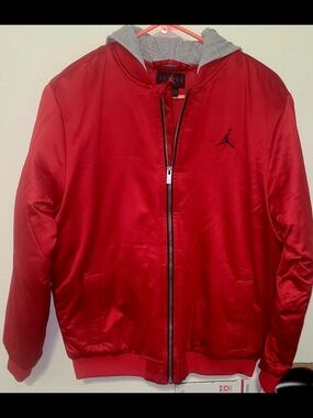 Jordan Red Satin Boys Jacket with Gray Hood